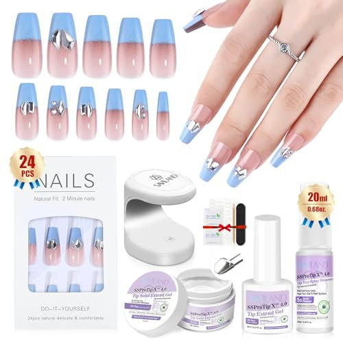 Saviland Blue French Press On Nails Kit: Long-Wear False Nails Soft Tips Gel Nail Kit with Nail Glue Nail Glue Remover Nail Lamp Full Cover Acrylic French Fake Tip Stick on Nails for Women Nails Art