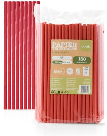 Mank Umweltfreundliche Papiertrinkhalme, Papptrinkhalme für Partys & Hochzeiten, in recycelbarem Folienbeutel, Strohhalme, (150, Rot, Ø 8 mm / 23 cm)