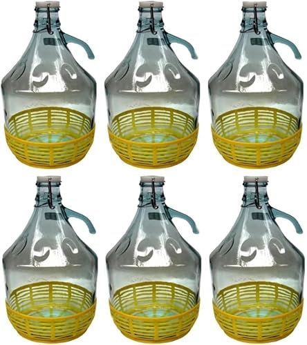6 x Damigiana, Fiasco, Bottiglie di Vetro, da 5 l, con Chiusura a Tappo ERMENTICO e cestello - Dama Vetro 5L per Acqua Vino Olio - BOCCIONE Vetro per STOCCAGGIO