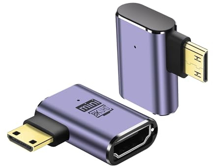PNGKNYOCN 90 Degree 8K Mini HDMI Adapter,2-Pack 48Gbps Right Angle Mini HDMI Male to HDMI Female 2.1 Version Bidirectional Connector Support 8K@60Hz, 4K@120Hz, HDR, eARC (Right Bend)