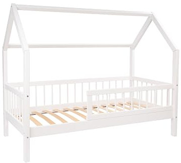 Alije Kinderbett Bett mit Rausfallschutz 100x190 Weiß Lena Lattenrost Bettgestell aus Kiefer Holz für Haus Kinder Jungen & Mädchen - Holzbett Baby Kinderzimmer Junge Deko