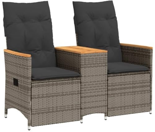 vidaXL Gartensofa, Sofa 2-Sitzer mit Tisch Verstellbare Rückenlehne, Lounge Sitzgruppe für Garten Terrasse, Gartenbank Gartenmöbel, Grau Poly Rattan
