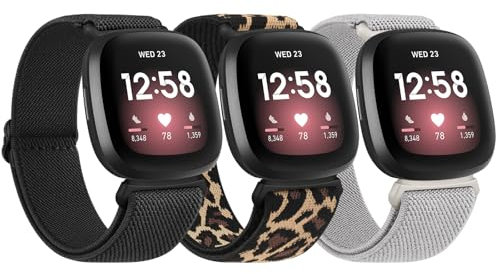 Tobfit 3Stück Armband für Fitbit Versa 3/4, Sense/Sense 2 - Nylon Elastisch Verstellbares Uhrenarmband für Herren Damen (Schwarz/Leopard/Grün)