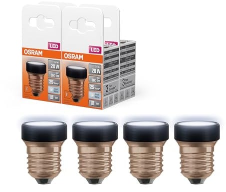 OSRAM LED Star Flat mit 3.5 W (wie 28W), 300lm/4000K, kaltweiß 840, frosted, Kunststoff in Schwarz, mit E27 Schraubgewinde, nicht dimmbar, 35 mm Durchmesser, 4-Pack