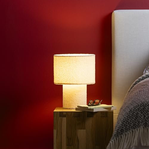 Lightbox Nacht-Tischlampe | Ø 23 cm, 30 cm Höhe | Tischleuchte mit Wipp-Schalter & hochwertigem Teddy-Stoff | E27 Fassung | flauschige Schlafzimmer-Lese-Lampe aus Metall/Textil in Beige