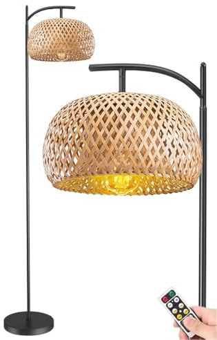 Wireless Dimmable Battery Operated Floor Lamp with Remote for Living Room, Bedroom or Office - Cordless Boho Bamboo Tall Standing Lamp with Timer and Woven Rattan Design