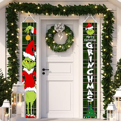 GreenYeah 2PCS Banner per Porta di Natale Striscioni, Striscione Banner Natalizio per Porta Natale, Natalizi Segno del Portico di Natale Banner, Segno di Portico di Natale per Interni, Esterni (B)