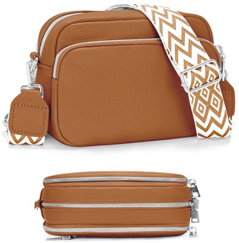 Kavjizy Crossbody Bag Damen PU Kleine Umhängetasche mit Reißverschluss und Abnehmbar Breitem Gurt Schultergurt, Veganes Leder Handtasche Damen Klein Handytasche zum Umhängen (Braun)
