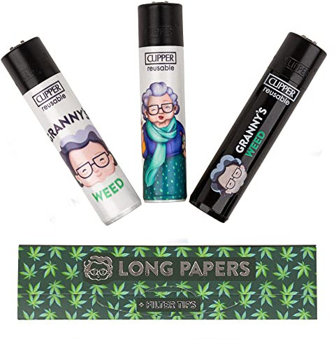 Granny's® Original Clipper Feuerzeuge Mix (3er Set) & EIN Long Papers mit Tips (36 Blättchen 108 x 45 mm und Filtertips) | Reusable Feuerzeuge | Limited Edition aus Nylon
