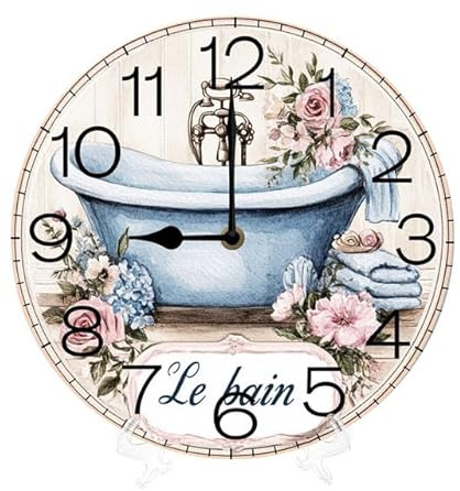 Geroclonup Wall Clock Rustic Bathtub Flower Silent Non Ticking Wall Clocks Wood Battery Operated Decorative for Bathroom Kitchen Living Room Vintage Round 25cm
