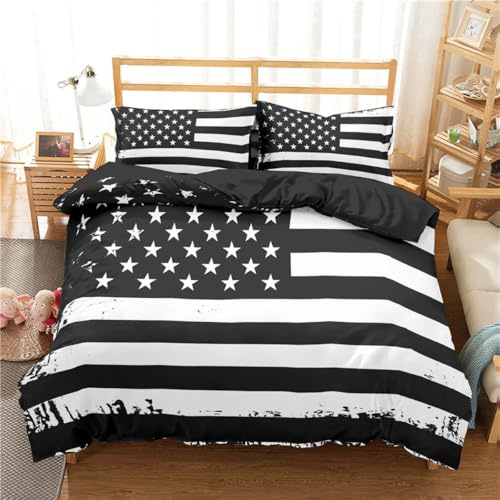 RZPFQB Flagge Bettwäsche 240x220 Bettwäsche Set für Teens Jungen Mädchen Kinderbettwäsche USA Flagge Bettbezug Set Schwarz Weiß Streifen Stern Microfaser Bettwäscheset