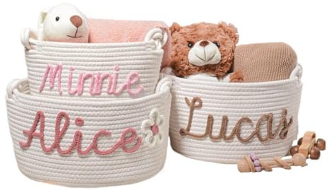 Gufacai Personalisierter Baby-Namenskorb, Baumwollseilkorb, Windel-Caddy für Babyparty, Baumwollseil, Raumregal, Aufbewahrungskorb, Spielzeugkorb, Wäschekorb (M-19 x 13 x 35 cm)