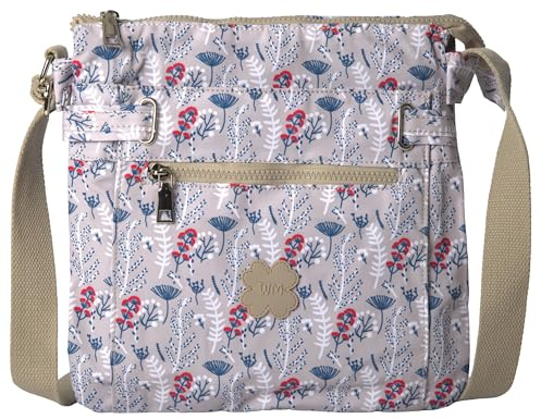 Medium Size Lightweight Fabric Multi Zip Compartment's Womens Messenger Crossbody Shoulder Bag - Ava (Grey Tussock Floral)