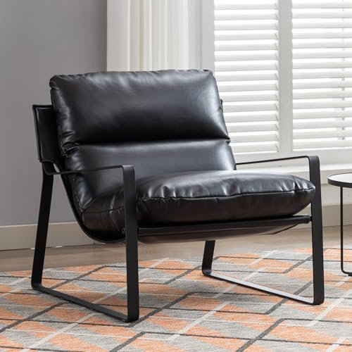 Ya-Home Sessel Wohnzimmer Lesesessel mit Armlehnen moderner Loungesessel mit Metallgestell,Kunstleder, Schwarz
