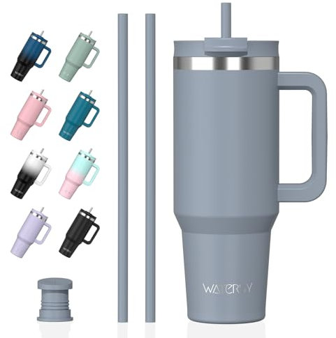 Watersy Bouteille Isotherme Inoxydable 1,2 L avec 2 Pailles, Gobelet à Café anti-Fuite, Isotherme Sous vide avec Couvercle à vis sans BPA, Gourde Rafraîchissante Pendant 12 Heures, Bleu Brume