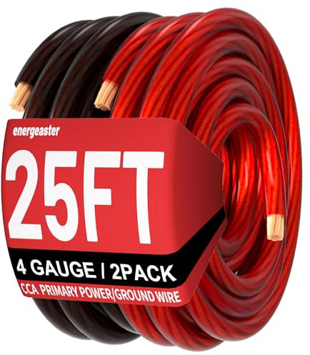 energeaster 4 Gauge 25ft Black/Red CCA Wire, Low Voltage Primary Automotive or Ground Cable, Battery Cable, 8AWG, Car Audio, Car Amplifier Power, Translucent Jacket