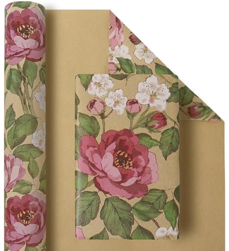 Floral Wrapping Paper Roll 43cm x 10m - Pink Flower and Green Leaves Design, Vintage Flower Wrapping Paper for Birthday Wedding Bridal Baby Shower Anniversary, Birthday Gift Wrap Paper for Women Girls