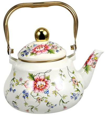 Alipis Emaille-wasserkocher Mit Blumendruck Griff Für Herd Teekessel Kaffeekanne Retro-design Großes Fassungsvermögen Einfach Zu Reinigen