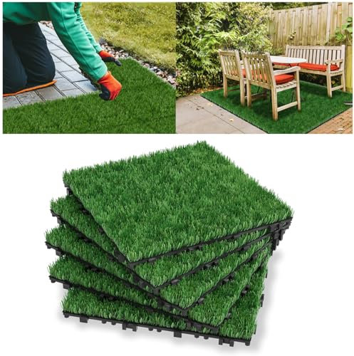 DeTmrcy Kunstrasen Outdoor Fliesen 30x30cm | DIY Balkon Rasenteppich Miniaturgarten mit Drainagelöchern | Künstlicher Deko Matte Outdoor für Balkon, Garten & Terrasse,5 Piece