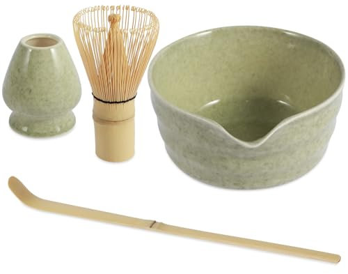 CBWERBB 4 Pcs Japanese Matcha Tea Set, Matcha Whisk Set Bowl Ceramic Holder Bamboo Whiskr Bamboo Scoop, Kit for Tea Lovers (Matcha Green)