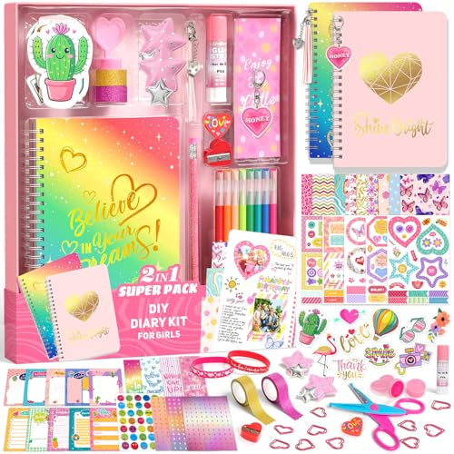 Sunrad 2-Pack DIY Journal Set für Kinder Scrapbook & Diary Supplies Set mit A5 Notizbuch DIY Scrapbook Schreibwaren Kit Geschenk für Tweens Teens 6 7 8 9 10 11 12 Jahre alte Mädchen