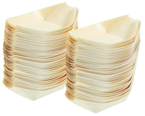 Cabilock 100 Stück Holzschiffchen 14x8cm - Fingerfood Schalen Holz, Biologisch Abbaubare Sushi Boot Einweg, Snackschalen für Currywurst, Tacos & Party, Bambus Optik Schiffchen