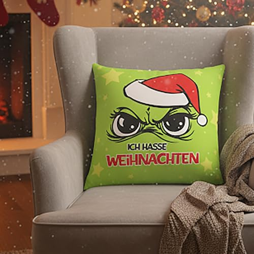 KAMACA Anti Weihnachts-Kissen Lustiges Kissen mit Spruch humorvolles Geschenk für Weihnachtsmuffel Inklusive Füllung flauschig frech für Sofa Büro Weihnachten (Muffel - Ich Hasse Weihnachten)