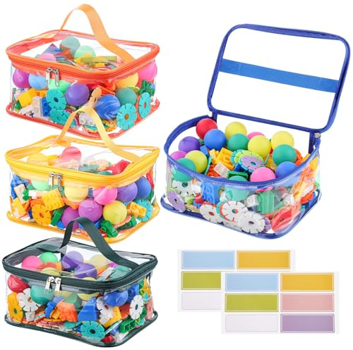 4 Pack Clear Toy Storage Bags, PVC Waterproof Toy Organizer, Colorful | Waterproof PVC, Transparent View, Reusable Zip Bags, Label Tags, for Blocks, Puzzles, Board Games, Travel and Home Storage