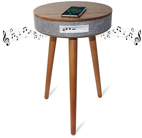 EasyVibe Smart End Table with Bluetooth Speaker, Smart Coffee Table with Wireless Charger, Smart Table with USB Charging Ports, Round Side Table for Living Room, Bedroom, Office