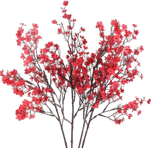 Minnhua 4pcs Künstliche Blumen Rot Kunstblumen Kirschblütenzweig Deko