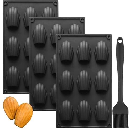 YXHZVON Madeleine Backformen, 3 Stücke Silikon Madeleines Backformen 9 Hohlräume mit 1 Stücke Silikonbürste, Schokoformen Silikon BPA Freie für Mini-Kuchen Schokolade (Schwarz)