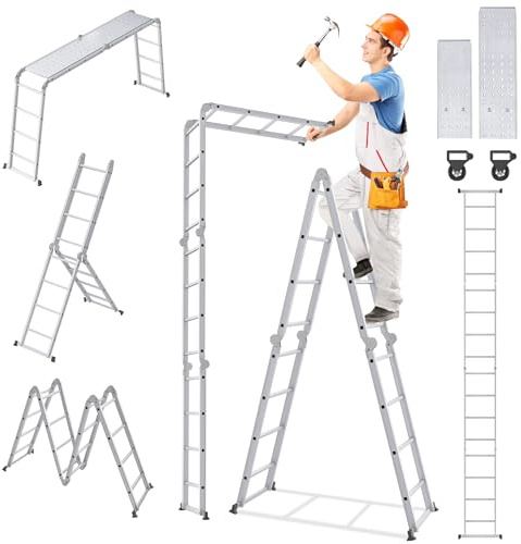 SAILUN Multi-Purpose Ladder, 6-in-1 Folding Adjustable Ladder, Work Platform with 2 Scaffold Plates, 150kg Capacity, Anti-Slip Feet, for Home, Office, 4 x 4 Steps