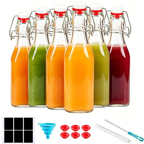 Yeqqzq Glass Bottles with Stoppers, 6 Pack 250ml Clip Top Swing Top Bottles | Airtight Preserve Bottles for Homebrewing, Fermentation, Kombucha, Vanilla Extract, Wine, Oil, Vinegar and Beverages