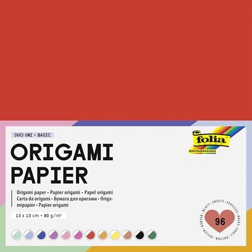 folia 9115 - Origami Papier DUO UNI BASIC, 13 x 13 cm, 80 g/m², 96 Blatt sortiert in 12 Farben, DIY Faltblätter zum Papierfalten und für andere kreative Bastelarbeiten