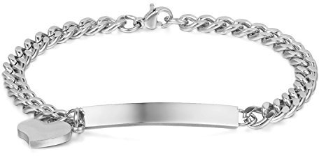 JewelryWe Personalisiert Herz Armband Damen: Edelstahl Silber Link Panzerkette Charmsarmband Verstellbare Armkette Armreif mit Herz Anhänger Gravur Schmuck Geschenke für Frau Mädchen