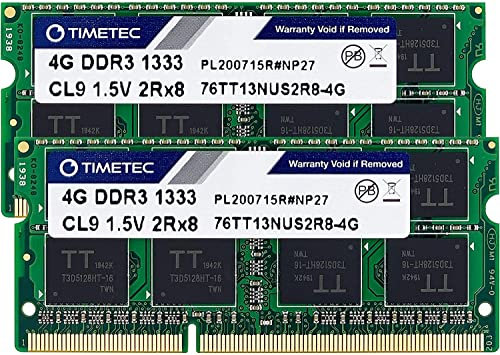 Timetec 8GB KIT (2x4GB) DDR3 / DDR3L 1333 MHz PC3-10600 Non-ECC Ungepuffert 1,5 V / 1,35 V CL9 2Rx8 Dual Rank Low Density 204 Pin SODIMM Laptop Notebook PC Computer Speicher RAM Modul Upgrade