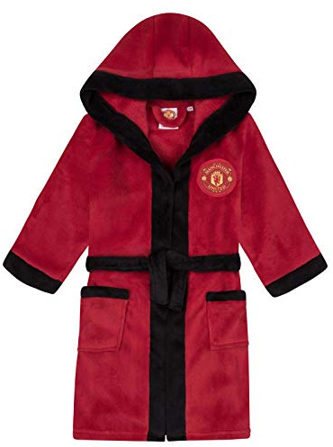 Manchester United Boys Dressing Gown Robe Hooded Fleece Kids OFFICIAL Football