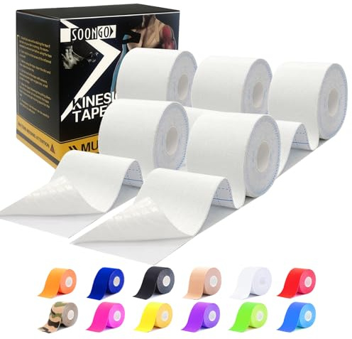 Kinesiology Tape Rock Tape Physio Tape 1/2/5 Rolls Relieve Muscle Soreness and Strain Shoulders Wrists Knees Ankles Elastic Waterproof Good Air Permeability Hypoallergenic White 5cm*5m By SOONGO