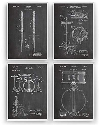 Schlagzeuger Patent Posters - Set Of 4 - Drum Set Jahrgang Drucke Drucken Bild Kunst Geschenke Zum Männer Frau Entwurf Dekor Vintage Art Gifts Decor - Rahmen Nicht Enthalten