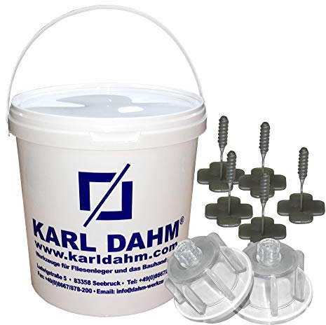 Karl Dahm Fliesen Nivelliersystem Levelmac Basis-Set für 1 mm Fugen: 50 transparente Zughauben für Fliesenstärke 3-12 mm + 250 Gewindelaschen + Eimer I Professionelle Fliesen Verlegehilfe – 12547