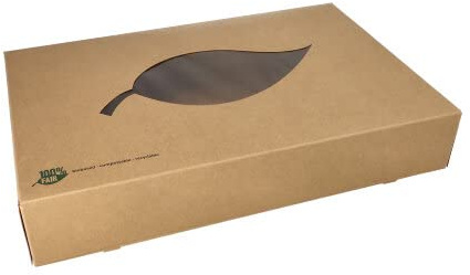 PAPSTAR 50 Transport- und Catering-Kartons, Pappe Pure 8 cm x 46,4 cm x 31,3 cm braun 0% Fair mit Sichtfenster aus PLA