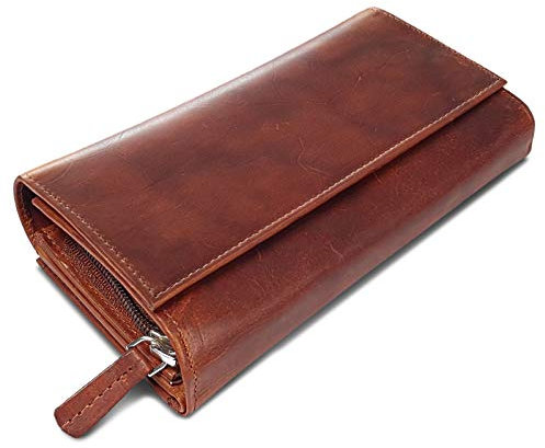 ROYALZ 'Orelia' Vintage Leder Geldbörse für Damen Portemonnaie groß mit vielen Fächern RFID-Blocker Brieftasche Querformat, Farbe:Roma Cognac Braun