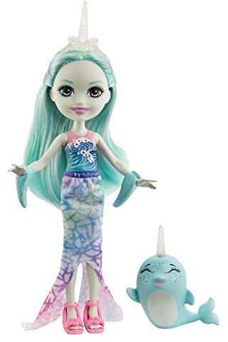 Enchantimals GJX41 - Naddie Narwhal Puppe & Sword Tierfreund Figur, ca. 15 cm große Puppe mit Meerjungfrauenrock, Flossen und Schuhen, tolles Geschenk für Kinder von 3 bis 8 Jahren