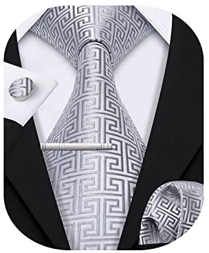 Barry.Wang Herren Krawatte Set Seiden-Geschäfts-Streifen Plaid-Krawatten-Set mit Taschentuch Manschettenknopf für Hochzeit Formell