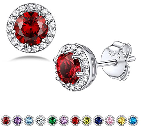 Bestyle Ohrstecker Silber 925 Damen Runde Ohrringe Stecker mit 3A Zirkonia Kristall, Halo Solitär Ohrstecker, Rot Stein Ohrschmuck für Frauen Mädchen