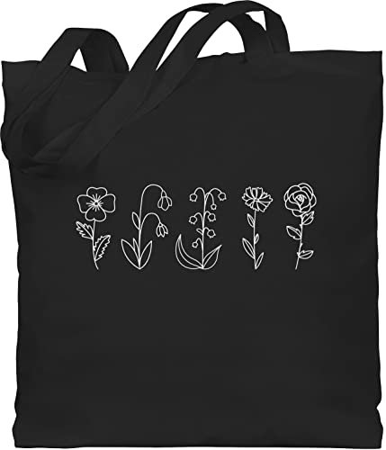 Baumwolltasche - & Pflanzen - Blumen Lineart weiß - Unisize - Schwarz - black canvas tote bag with flowers beutel mit blume pflanze plant stoffbeutel baumwoll plants beuteltasche pflanzenliebhaber