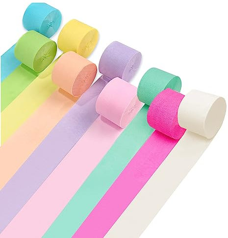 9 Rolls 738ft Pastel Crepe Paper Craft Streamers Hanging,Macaron Color Crepe Paper Rolls Streamers Yellow Green Blue Purple Pink White Crepe Roll Curtain Backdrop Hanging Tassels Festival Party Decor