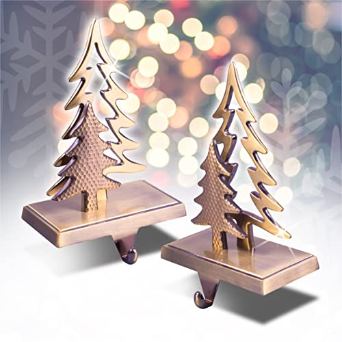 St Helens Home & Garden Christmas Stocking Holders Gold Tree Design Set of 2 for Mantel, Metal Hangers for Fireplace Pair.