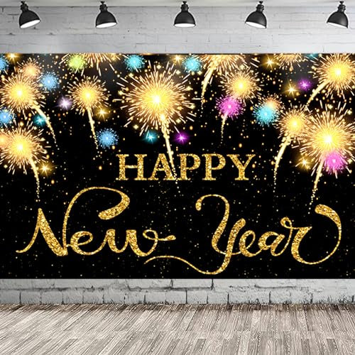 Silvester Deko 2025 - Großes Happy New Year Banner 180 * 110cm, Neujahrs Innenhaus Fotohintergrund Dekoration, Partyzubehör, Stoff Foto Hintergrund