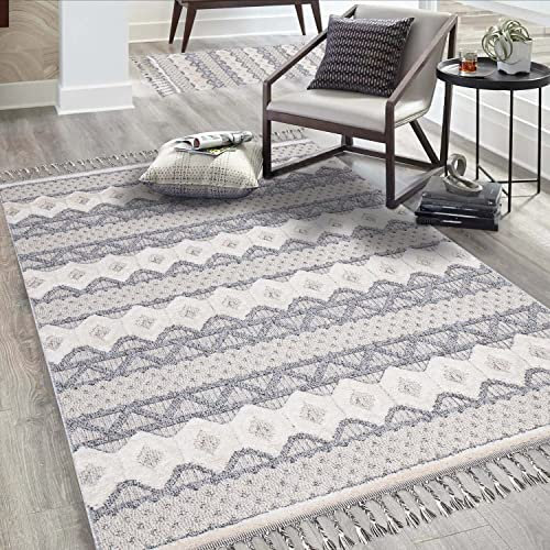 Teppich Wohnzimmer Boho-Stil Graublau - 200x290 cm - Geometrisches Muster - Relief-Optik, 3D-Effekt - Cut-&Loop, Sisal - Moderne Fransen-Teppiche Schlafzimmer